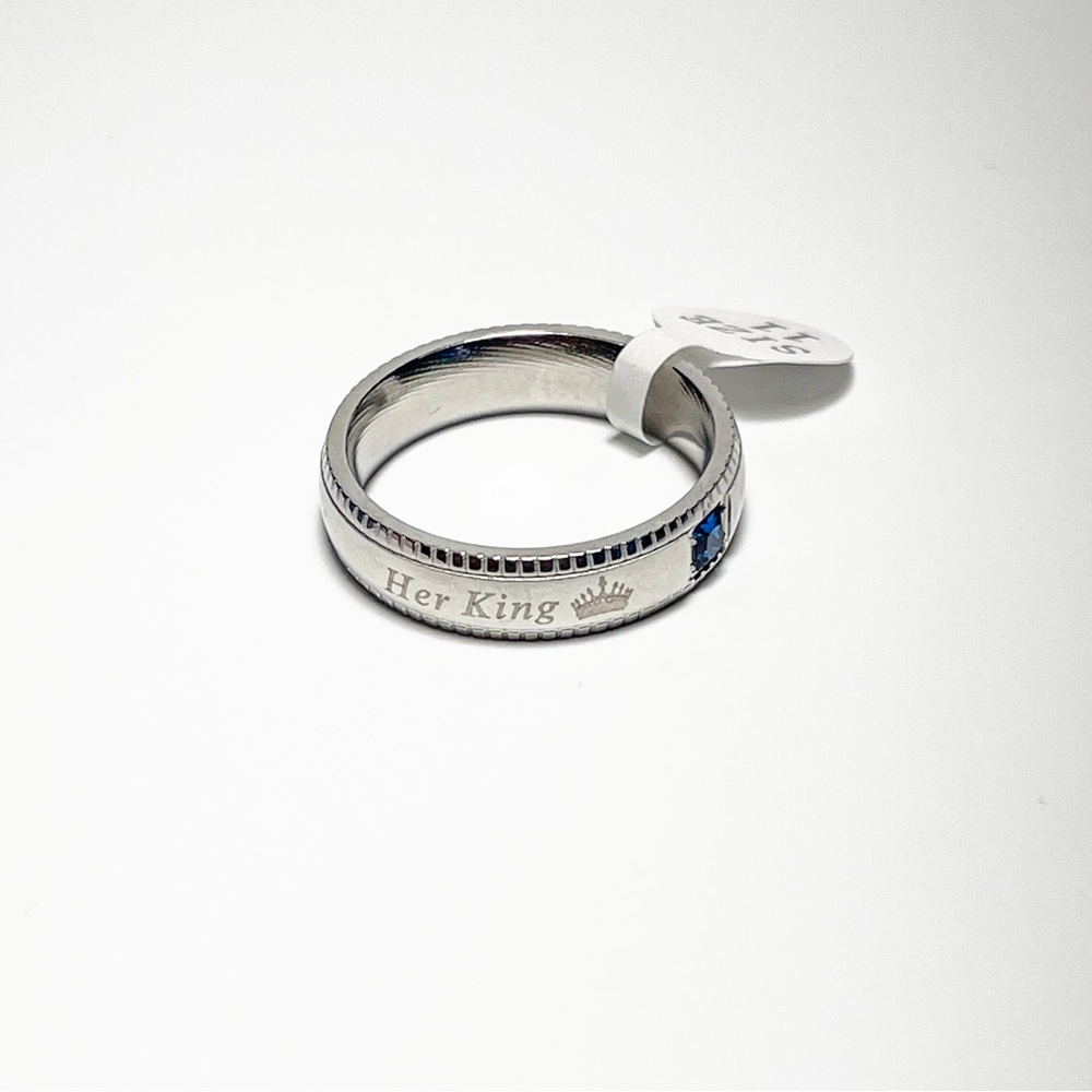 Stainless Steel Ring "Her King" Faux Blue Stone Size 11 NEW